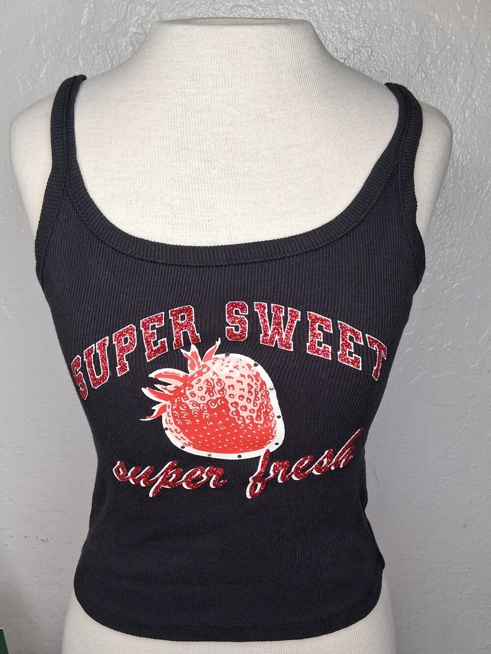 Forever 21 Black Ribbed Tank with Red Strawberry Graphic